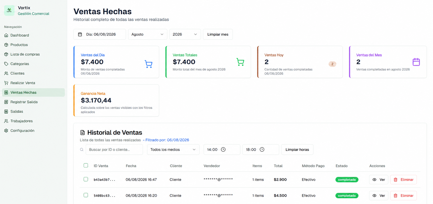 Pantalla de ventas hechas en Vortix